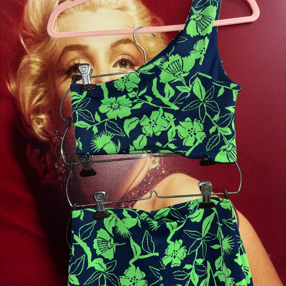 Zara Neon Green Floral Navy One-Shoulder Crop Top & Flared Pants Set